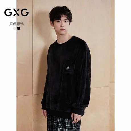 GXG男士家居服 蓬松微绒肌理感长袖套头睡衣格子睡裤廓形睡衣套装商品大图