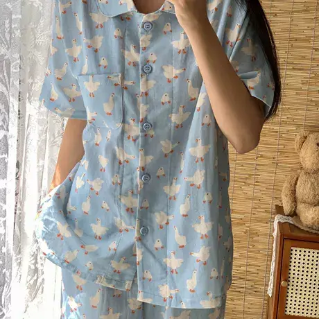 大白鹅~短袖长裤纯棉双层纱布睡衣可爱卡通家居服宽松棉纱睡衣商品大图