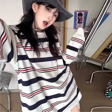 美式复古撞色条纹长袖T恤女春秋韩版宽松显瘦打底衫内搭外穿上衣图片