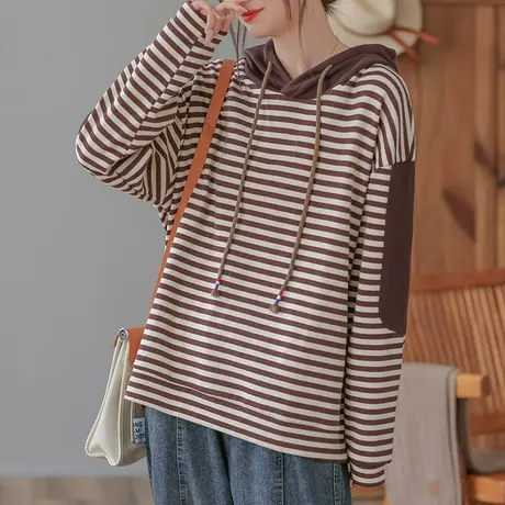 dza 复古拼接条纹连帽卫衣女士春秋宽松休闲显瘦上衣短款长袖外套商品大图