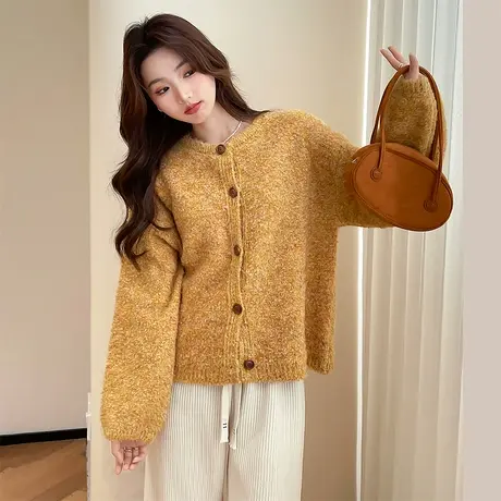 唐狮秋冬新款女毛衣圆领短款开衫高级感时尚针织衫超好看慵懒tu商品大图