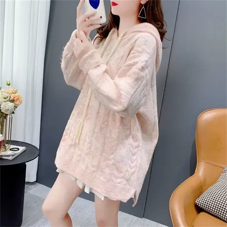 秋冬连帽套头毛衣女士2022年新款宽松复古麻花加厚打底针织衫上衣商品大图