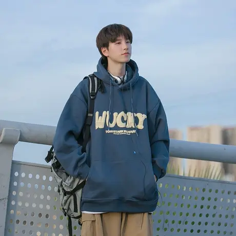 立体发泡印花连帽卫衣男休闲宽松秋冬季新款潮流套头帽衫上衣外套图片