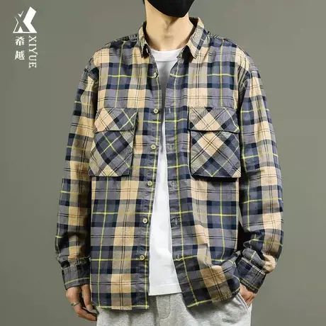 希越纯棉格子衬衫秋季男士日系复古衬衣宽松大码小众设计潮流外套商品大图