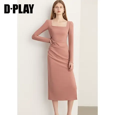 DPLAY2023法式复古灰橘粉方领侧开衩捏褶泡泡袖弹力收腰连衣裙图片