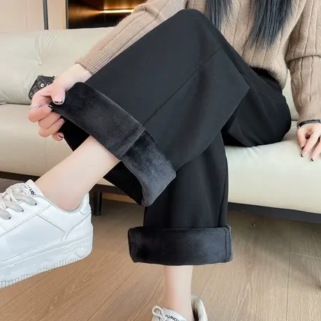 黑色窄版阔腿裤女冬季加绒高腰宽松显瘦遮肉直筒垂感拖地休闲西裤商品大图