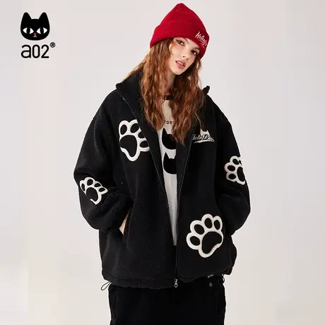 a02精致宽松潮流款2023冬季减龄可爱猫爪绣花文字动物羊羔绒外套商品大图