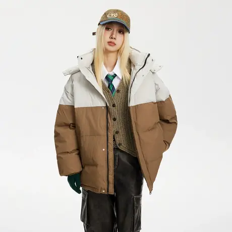 潮牌复古拼色连帽棉服女冬季2023新款加厚外套宽松面包服短款棉衣商品大图