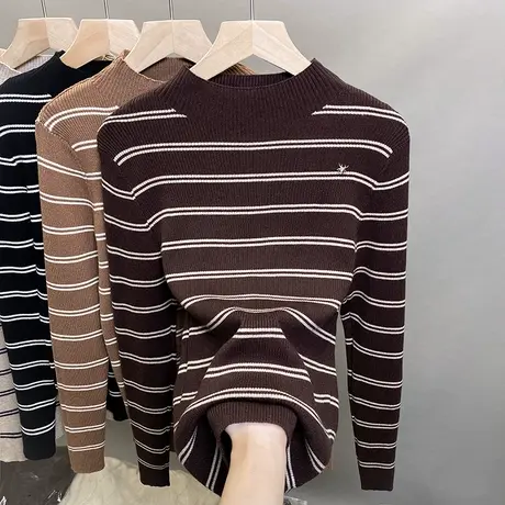 条纹半高领毛衣女修身打底衫2023秋冬新款套头外穿针织衫内搭上衣商品大图