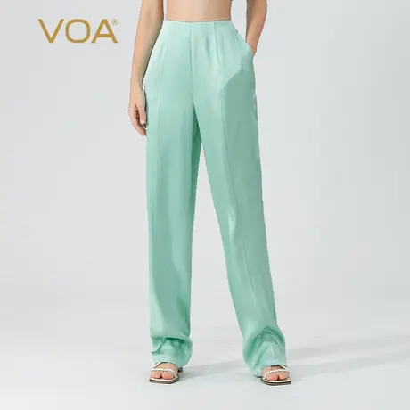 VOA薄荷绿40姆米双面缎重磅桑蚕丝连腰斜插袋简单真丝直筒长裤女商品大图