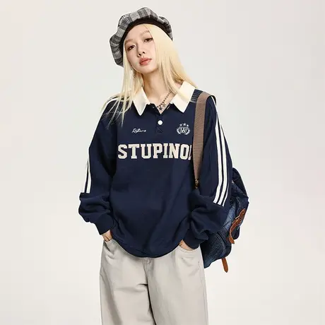 复古学院风POLO领卫衣女2023新款春秋款条纹宽松oversize套头上衣商品大图