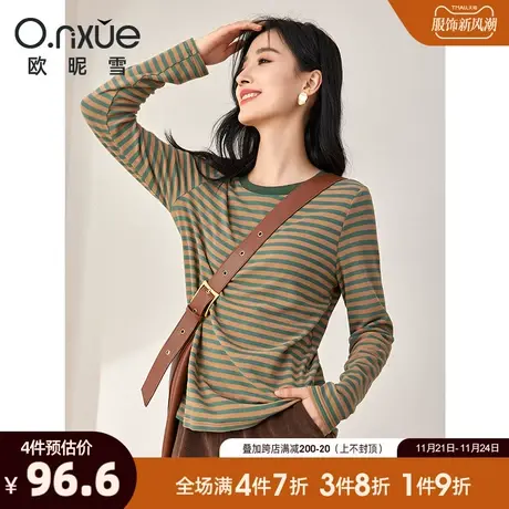 欧昵雪2024春秋新款休闲罗纹圆领条纹德绒T恤女长袖宽松套头上衣商品大图