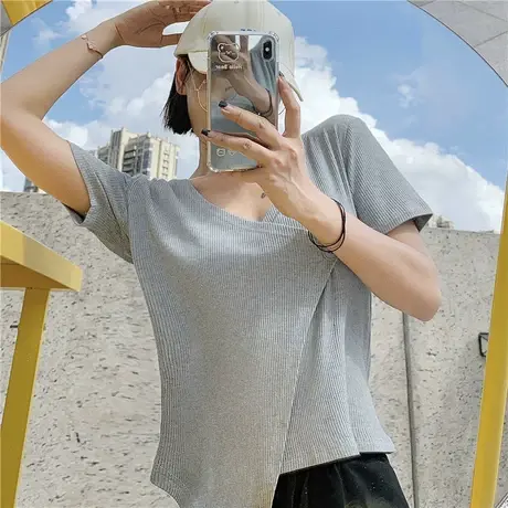 不规则短款短袖T恤女ins设计感小众夏季纯欲辣妹别致修身正肩上衣商品大图