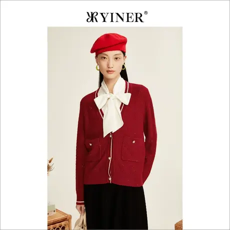 YINER音儿专柜女装2022冬季新款高级感V领羊毛混纺开衫针织衫商品大图