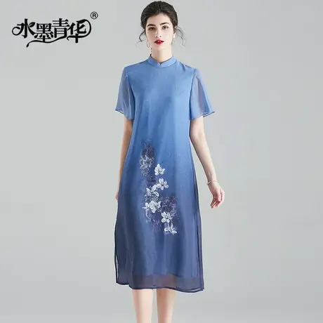 【1件7.9折】短袖女夏装新品柔软宽松连衣裙气质优雅乔其纱印花裙图片