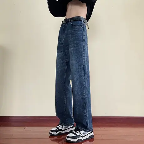 牛仔裤男美式高街水洗阔腿裤2023秋冬新款机车蓝色宽松直筒裤长裤商品大图