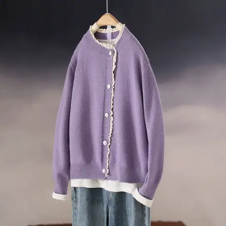 2023春季新款韩版宽松长袖蕾丝边针织衫毛衣开衫女士亮丝外套上衣商品大图