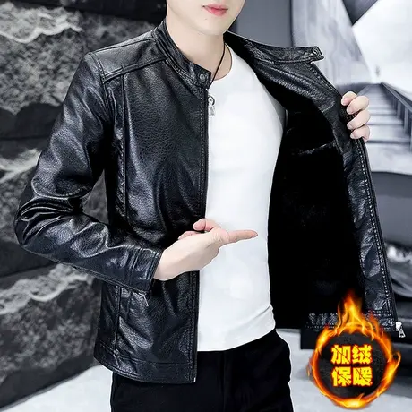 皮衣男士秋冬季立领加绒加厚百搭外套韩版帅气冬装防寒保暖皮夹克商品大图