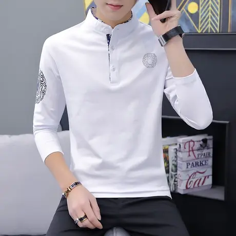 2025春秋季新款男士长袖T恤立领潮流秋装棉感polo衫体恤上衣服男商品大图