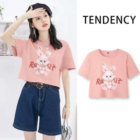 ZR真维斯粉色短款t恤女新款夏季短袖百搭潮流圆领t恤女短上衣纯棉商品大图