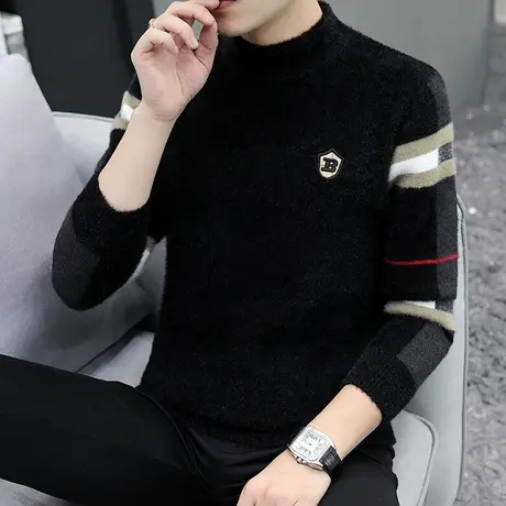 半高领毛衣男2023秋冬季新款水貂绒加厚保暖套头针织打底衫男毛衣商品大图