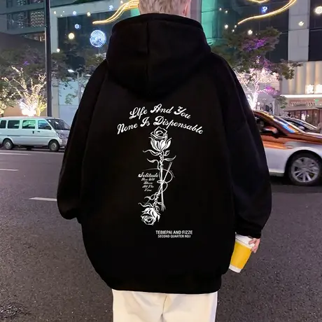 港风纯棉玫瑰花情侣卫衣男春秋款连帽宽松ins潮牌春季帽衫男外套图片
