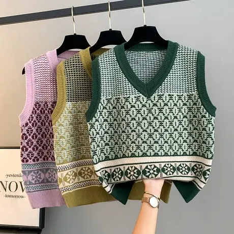 复古提花马甲背心V领针织衫女秋冬套头毛衣2025新款无袖叠穿上衣图片