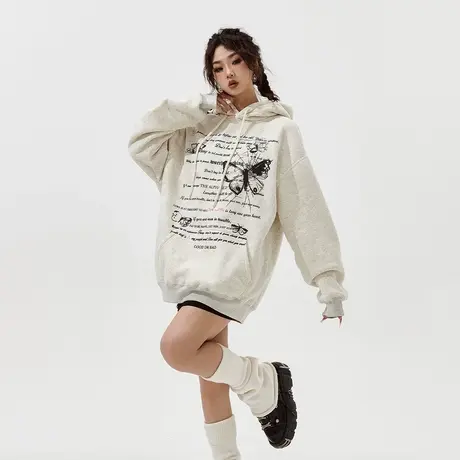 YEP灰色连帽加绒卫衣女秋冬2023新款复古潮牌oversize外套情侣装商品大图