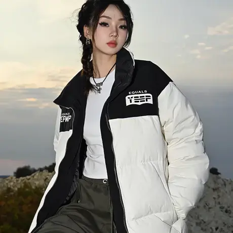 设计感拼接羽绒服女2023新款复古宽松oversize加厚冬季派克服外套商品大图
