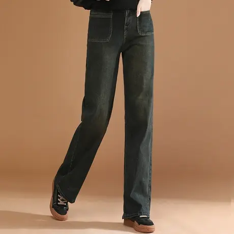 韩潮袭人复古高腰直筒磨毛牛仔裤女冬季新款显瘦阔腿长裤子厚图片