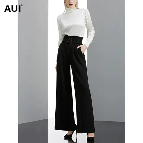 AUI气质女神范高腰垂坠感阔腿裤女2024年春新款黑色显高显瘦裤子图片