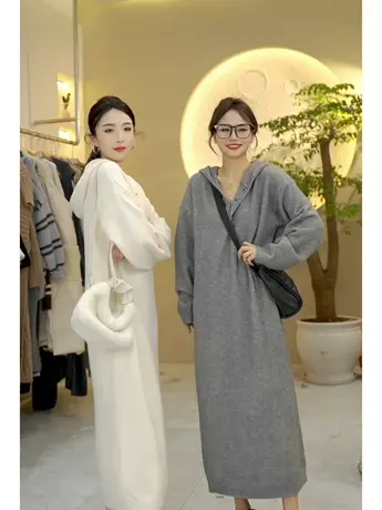 秋冬新款慵懒风连帽套头中长款宽松纯色显瘦百搭针织衫打底毛衣裙图片