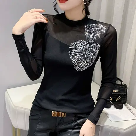 性感网纱打底衫女士春秋半高领长袖气质漂亮烫钻T恤百搭显瘦上衣商品大图