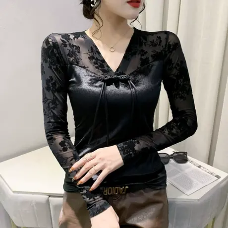 植绒印花T恤女中国风气质长袖性感网纱拼接小衫时尚修身上衣春秋图片