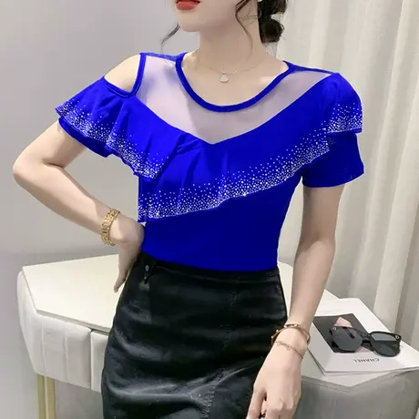 欧货荷叶边短袖T恤女2024夏季新款性感镂空露肩上衣气质网纱小衫商品大图