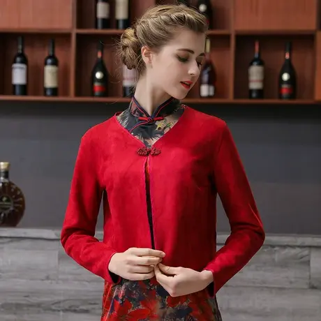 麂皮绒旗袍外搭披肩女短款开衫小坎肩2024春秋新款韩版百搭短外套图片