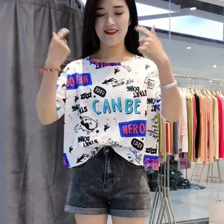 卡通字母印花小众短袖t恤女夏季薄款白色短款设计感别致上衣ins潮商品大图