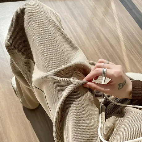 浅色窄版针织阔腿裤女春秋款高腰垂感显瘦卡其色休闲拖地直筒裤子商品大图