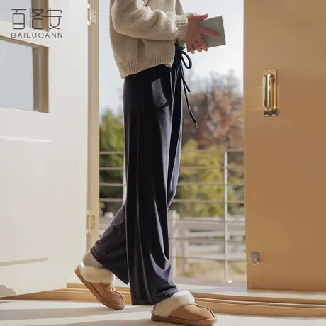 百洛安宽松休闲裤女百搭直筒裤冬季新款松紧高腰加绒加厚抽绳长裤商品大图