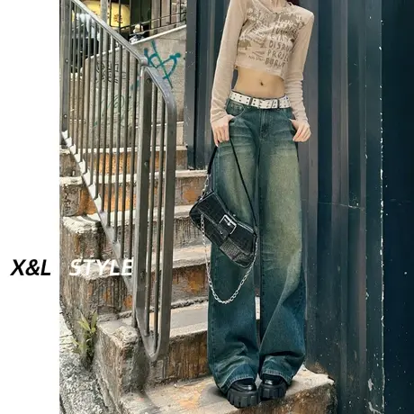 复古阔腿牛仔裤女秋2023秋季新款设计感辣妹百搭垂感拖地直筒裤子图片