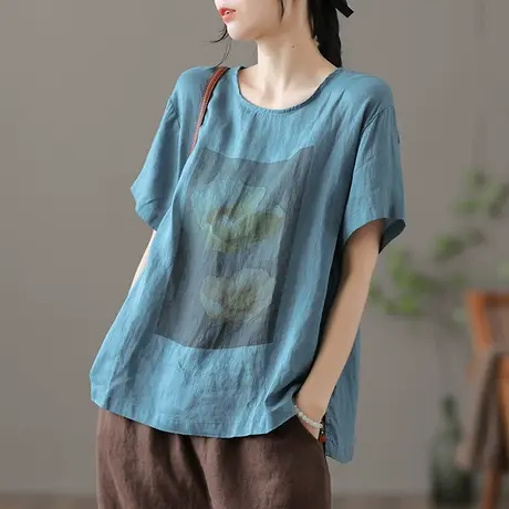 dza复古白色亚麻短袖t恤女士夏季2022年薄款打底体恤宽松棉麻上衣商品大图