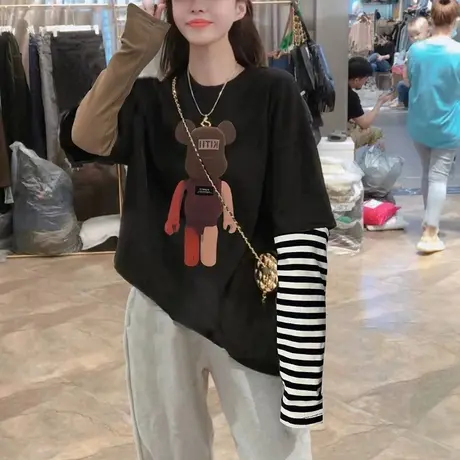 假两件长袖t恤女中长款春秋大码洋气宽松韩版ins设计感小众上衣服商品大图