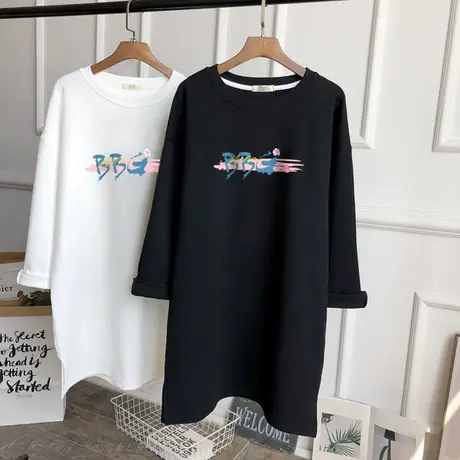 2022新款纯棉长袖t恤女中长款韩版宽松休闲大码时尚百搭上衣秋季商品大图