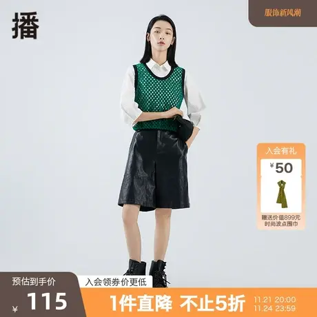 播秋季新品素色圆领镂空针法复古文艺马甲背心女BDO3YD1237商品大图