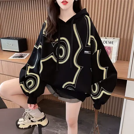 设计感小众连帽卫衣女2023新款春秋韩版宽松大码薄款早秋涂鸦外套商品大图