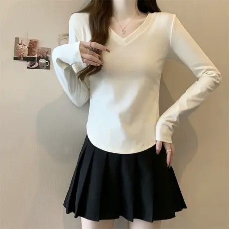 韩系高级感V领长袖T恤女修身短款秋冬内搭加绒加厚德绒打底衫上衣商品大图