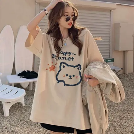 胖mm上衣女chic宽松百搭卡其闺蜜装t恤ins潮大码oversize短袖夏季图片