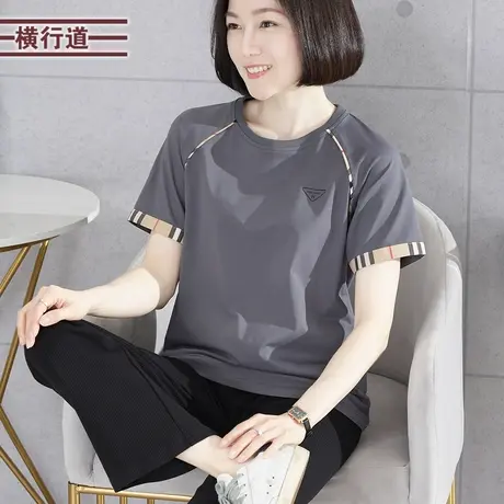 圆领印花短袖插肩袖纯色拼接2025新款夏装黑色宽松女上衣外穿T恤商品大图