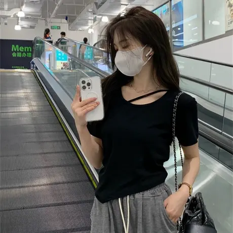 夏季小众设计感辣妹上衣服韩系正肩不规则短款短袖t恤女ins潮体恤商品大图