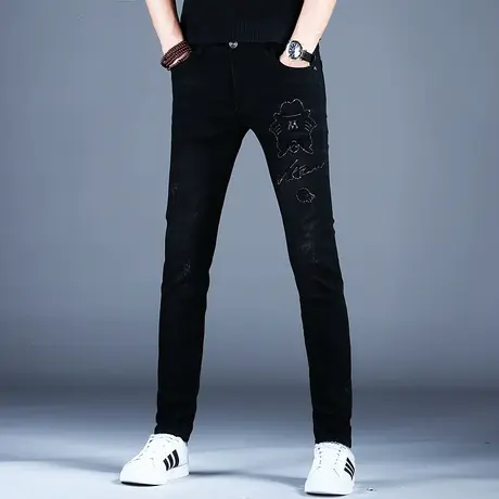 秋冬男士新款烫钻牛仔裤男潮牌黑色百搭印花小脚裤子2023韩版潮流商品大图